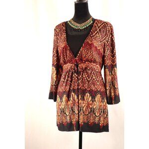 Dressbarn by women's Open Front Red & Gold Printed with Tie‎ Belt Size Medium